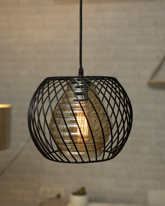 Black Twister Cage Pendant Lighting with Glass Shades,Porch Gazebo Barn Light Fixture