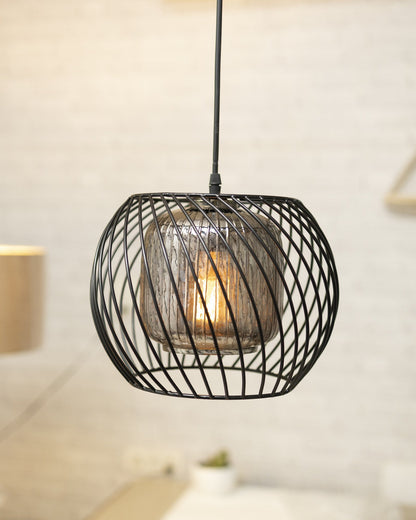 Black Twister Cage Pendant Lighting with Glass Shades,Porch Gazebo Barn Light Fixture