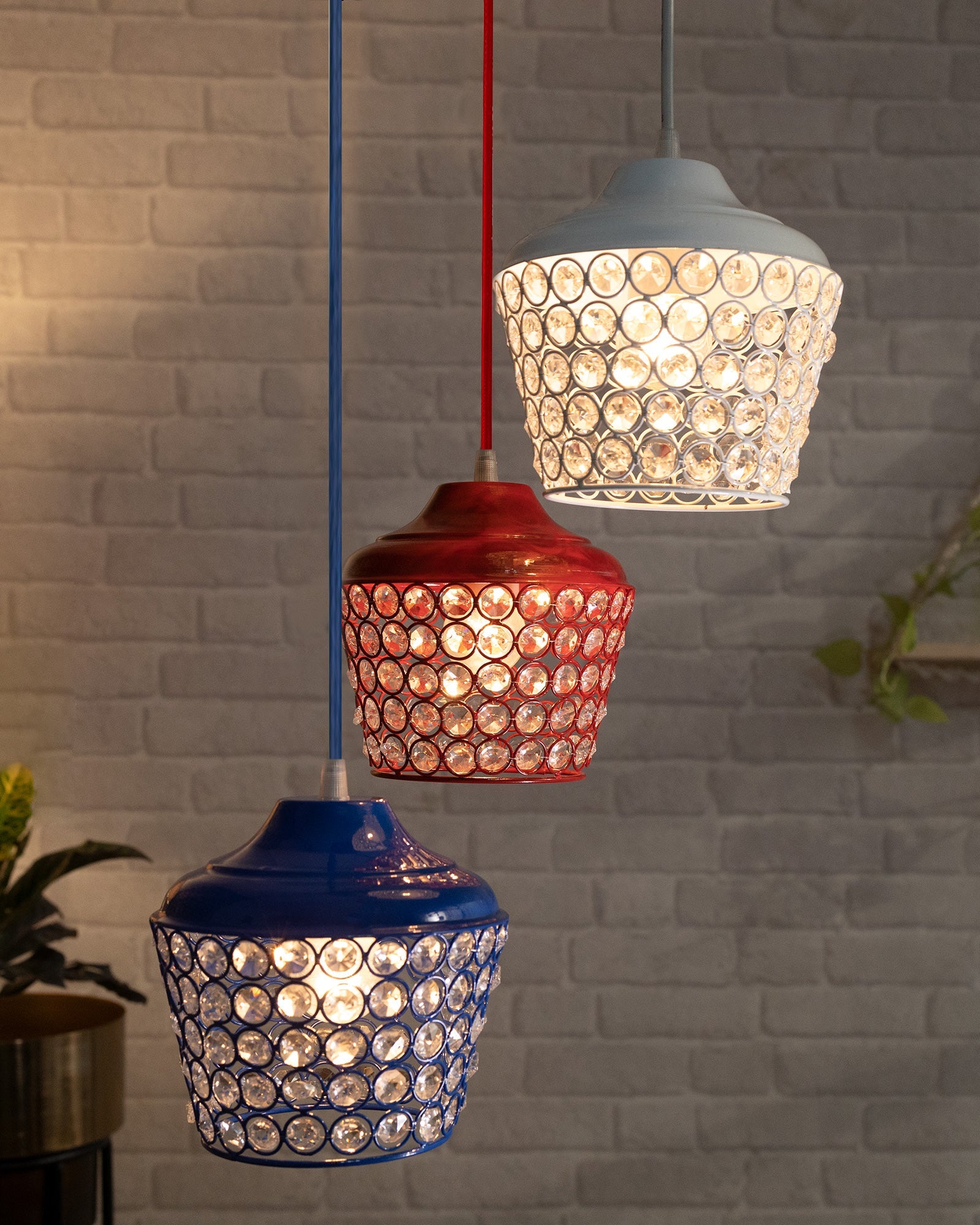 3-lights Round Cluster Chandelier Crystal hanging Pendant Light with Braided Cord