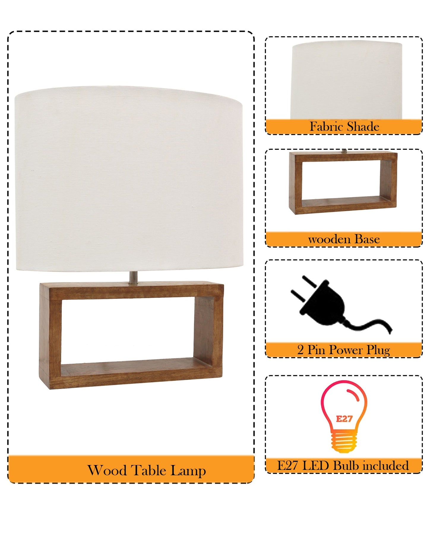 Wood Table Lamp French Country Rustic Bedside Desk Nightstand Lamp for Bedroom Living Room Office LED Bulb Included, Walnut Rectangle.