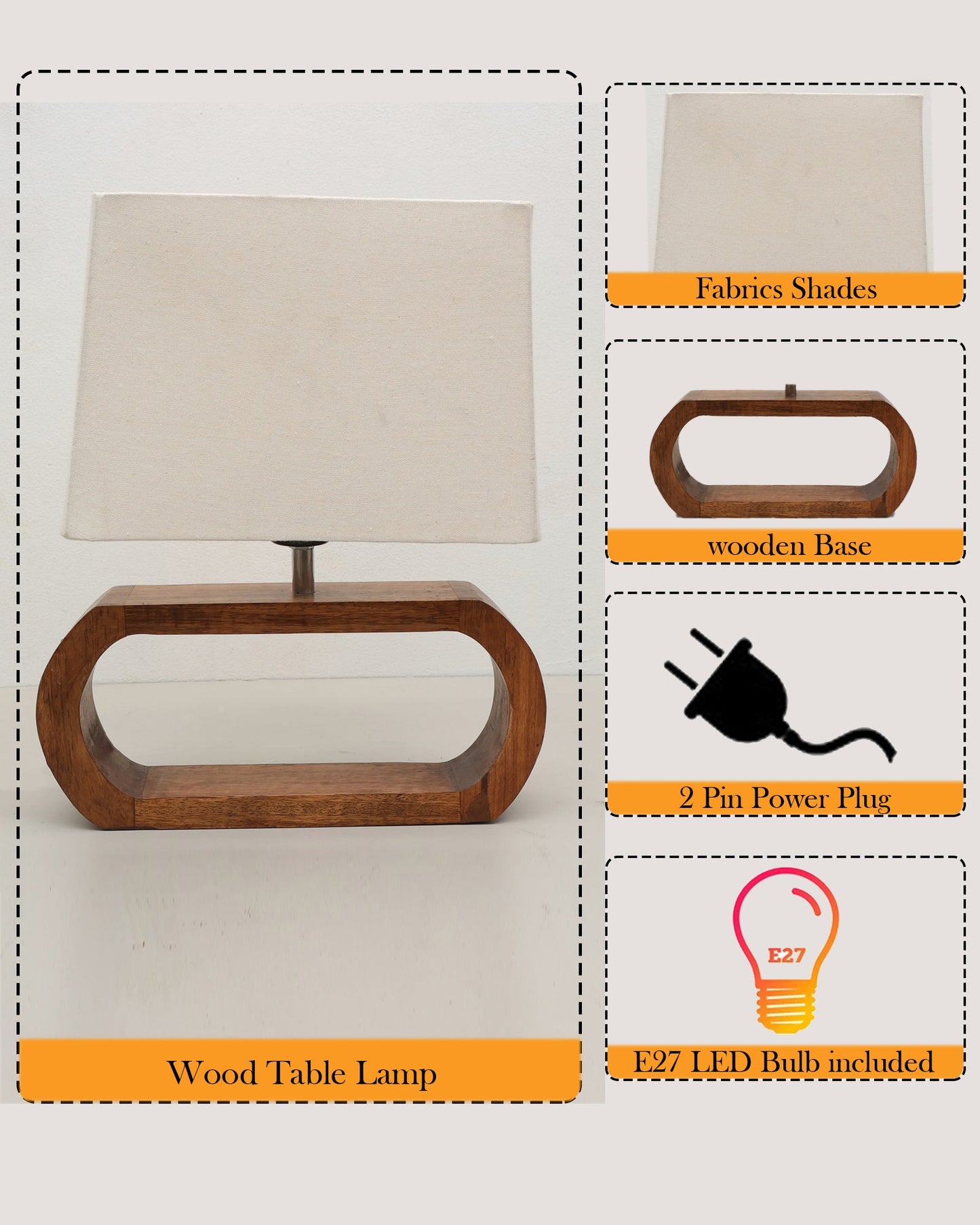 Wood Table Lamp French Country Rustic Bedside Desk Nightstand Lamp for Bedroom Living Room Office LED Bulb Included, Walnut Oblong