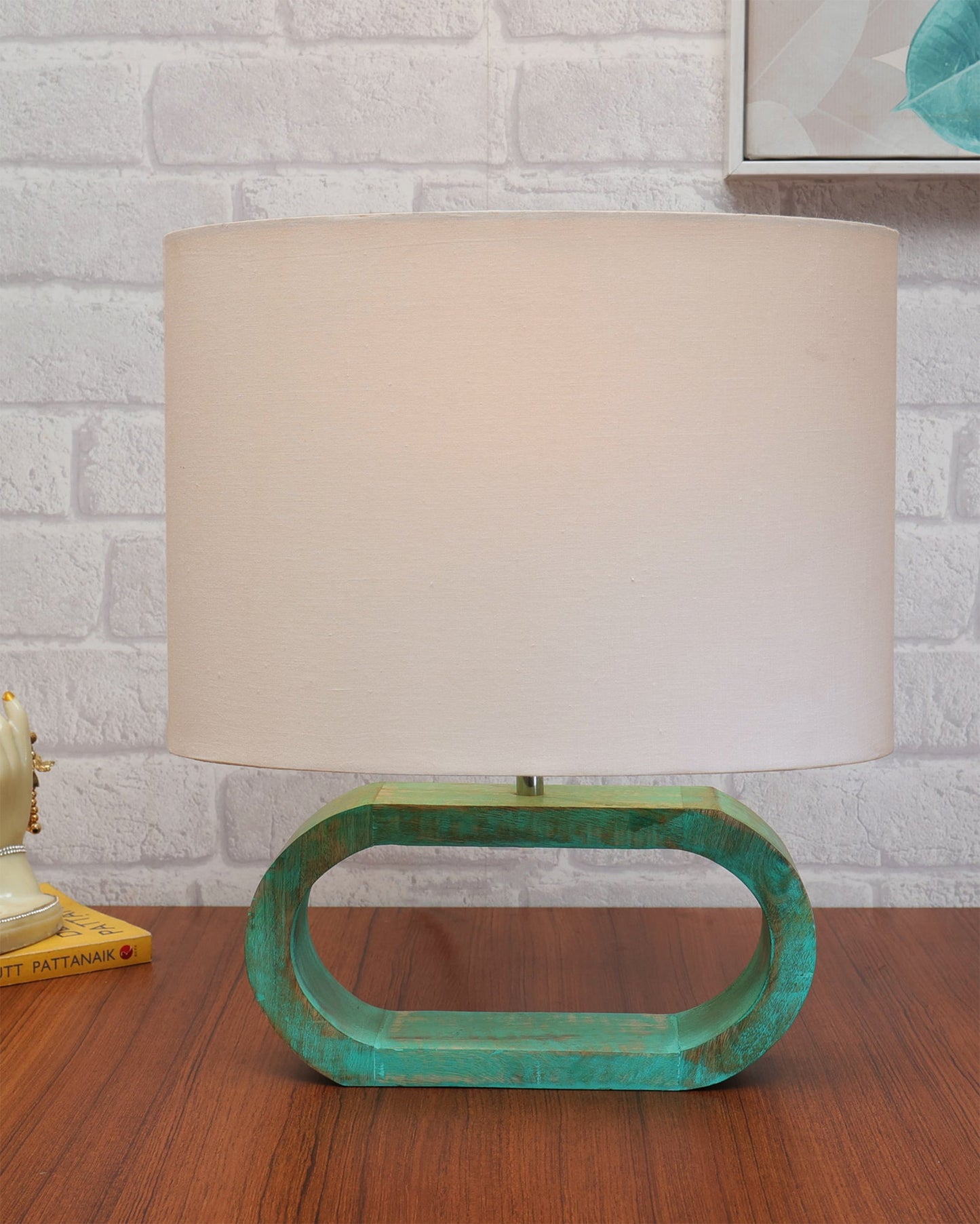 Wood Table Lamp French Country Rustic Bedside Desk Nightstand Lamp for Bedroom Living Room Office LED Bulb Included, Algae Oblong