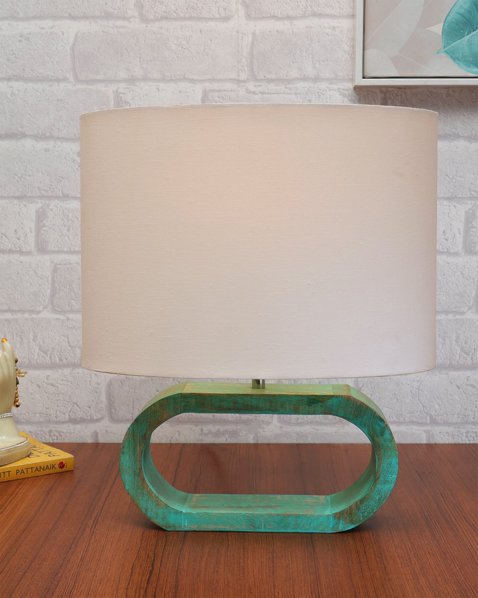 Wood Table Lamp French Country Rustic Bedside Desk Nightstand Lamp for Bedroom Living Room Office LED Bulb Included, Algae Oblong