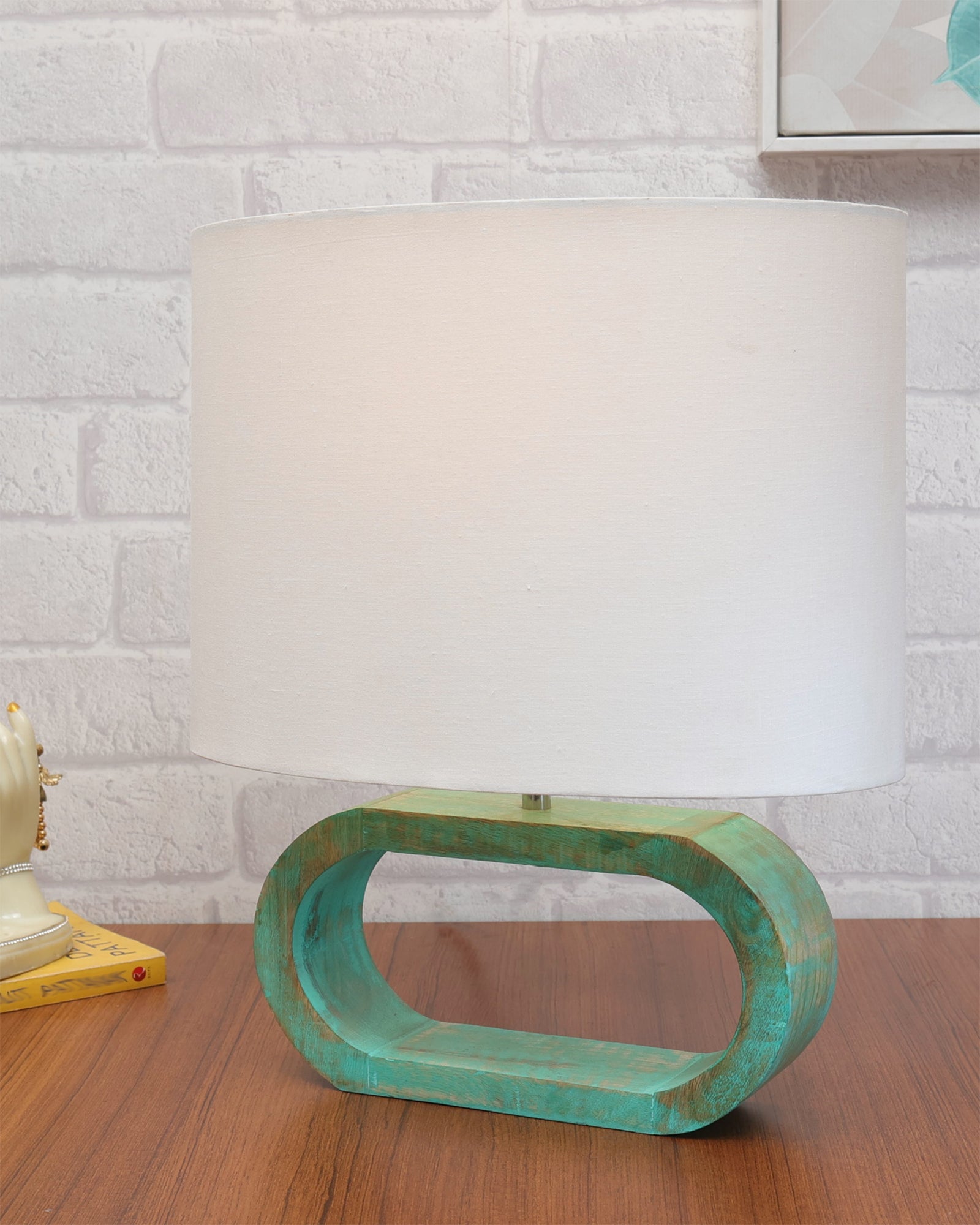 Wood Table Lamp French Country Rustic Bedside Desk Nightstand Lamp for Bedroom Living Room Office LED Bulb Included, Algae Oblong