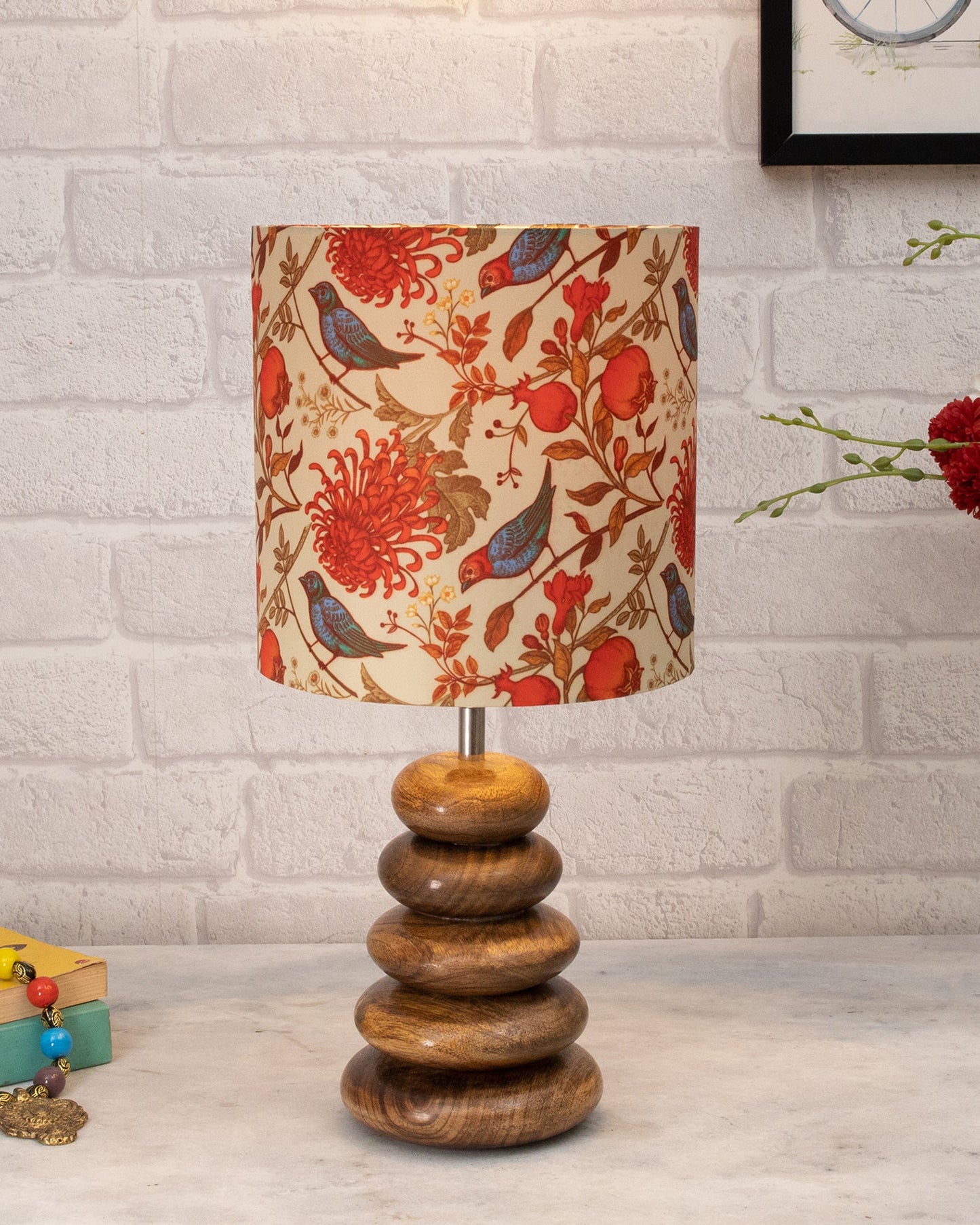 Wood Table Lamp French Country Rustic Bedside Desk Nightstand Lamp for Bedroom Living Room Office LED Bulb Included, Walnut Multi-Pebble