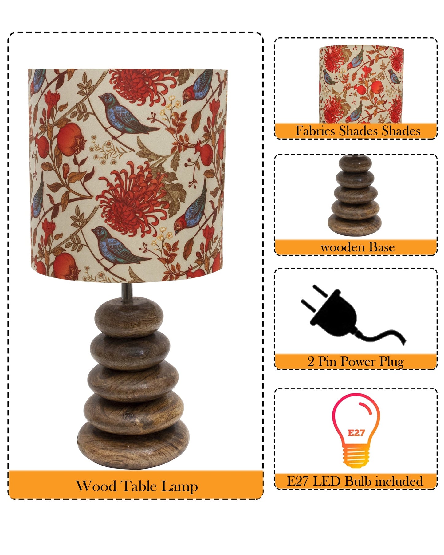 Wood Table Lamp French Country Rustic Bedside Desk Nightstand Lamp for Bedroom Living Room Office LED Bulb Included, Walnut Multi-Pebble