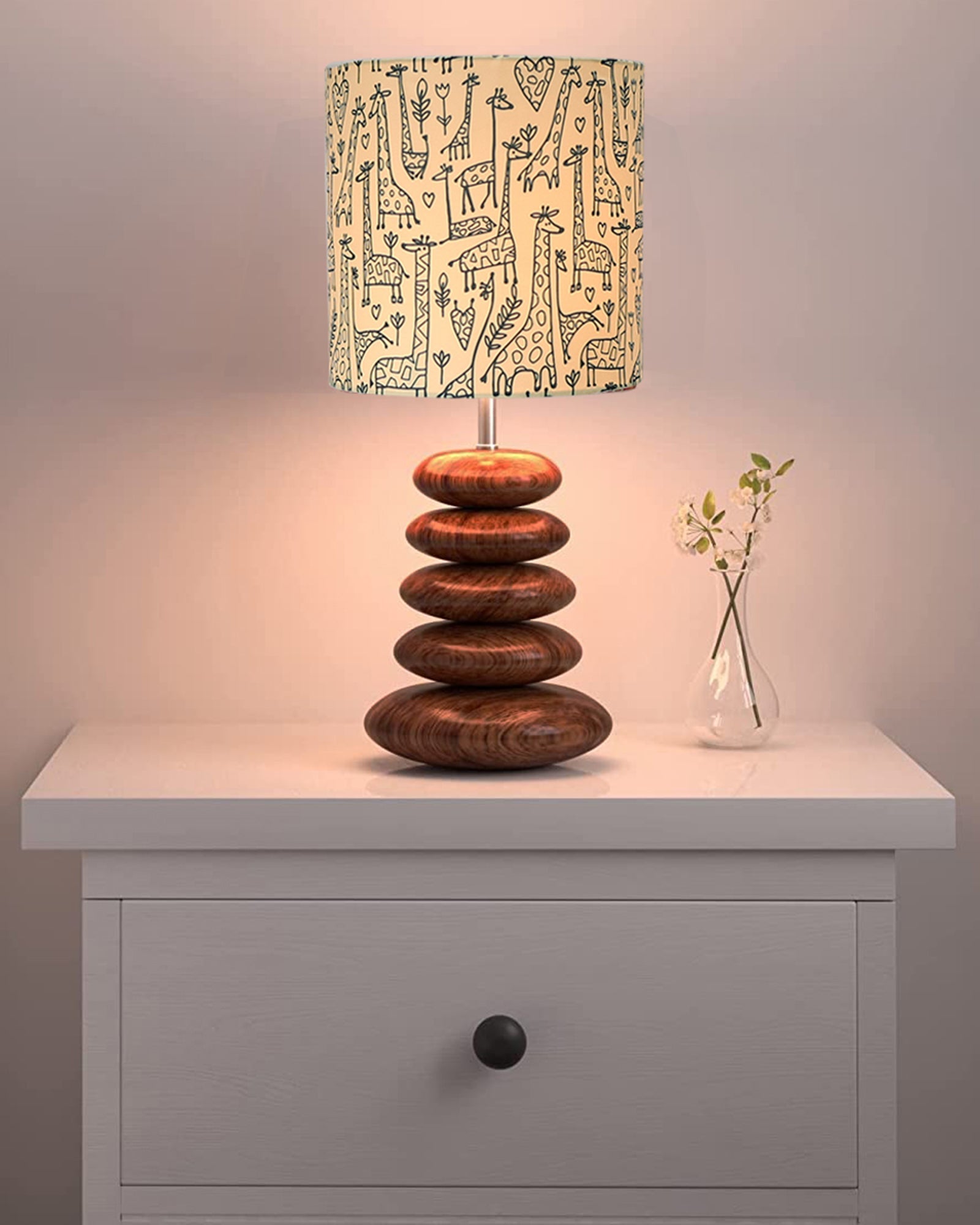 Wood Table Lamp French Country Rustic Bedside Desk Nightstand Lamp for Bedroom Living Room Office LED Bulb Included, Walnut Multi-Pebble