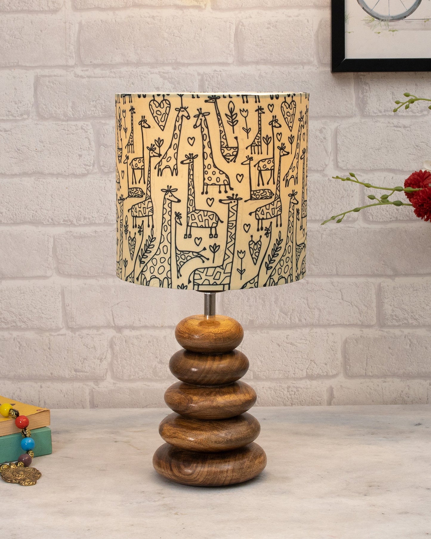 Wood Table Lamp French Country Rustic Bedside Desk Nightstand Lamp for Bedroom Living Room Office LED Bulb Included, Walnut Multi-Pebble