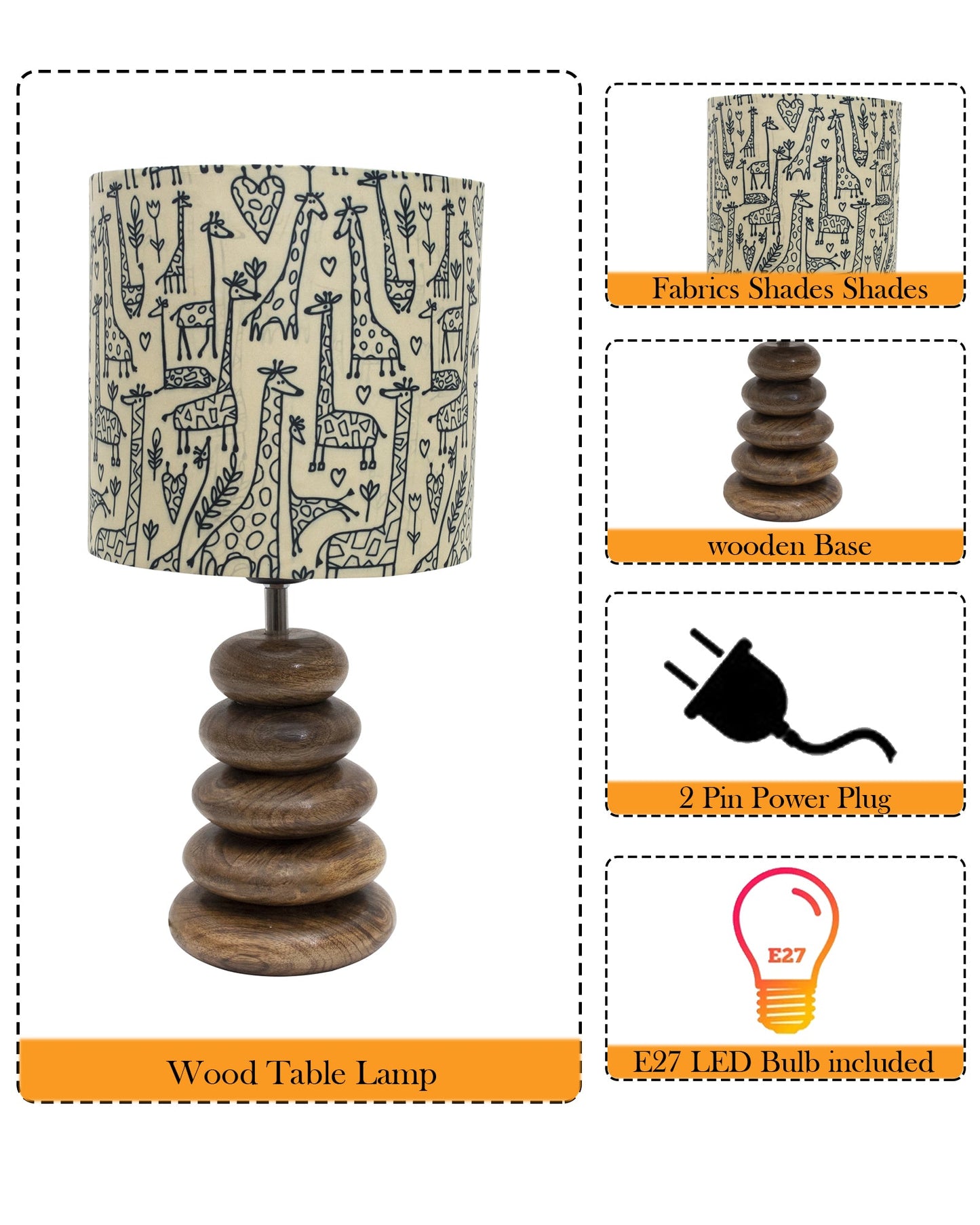 Wood Table Lamp French Country Rustic Bedside Desk Nightstand Lamp for Bedroom Living Room Office LED Bulb Included, Walnut Multi-Pebble
