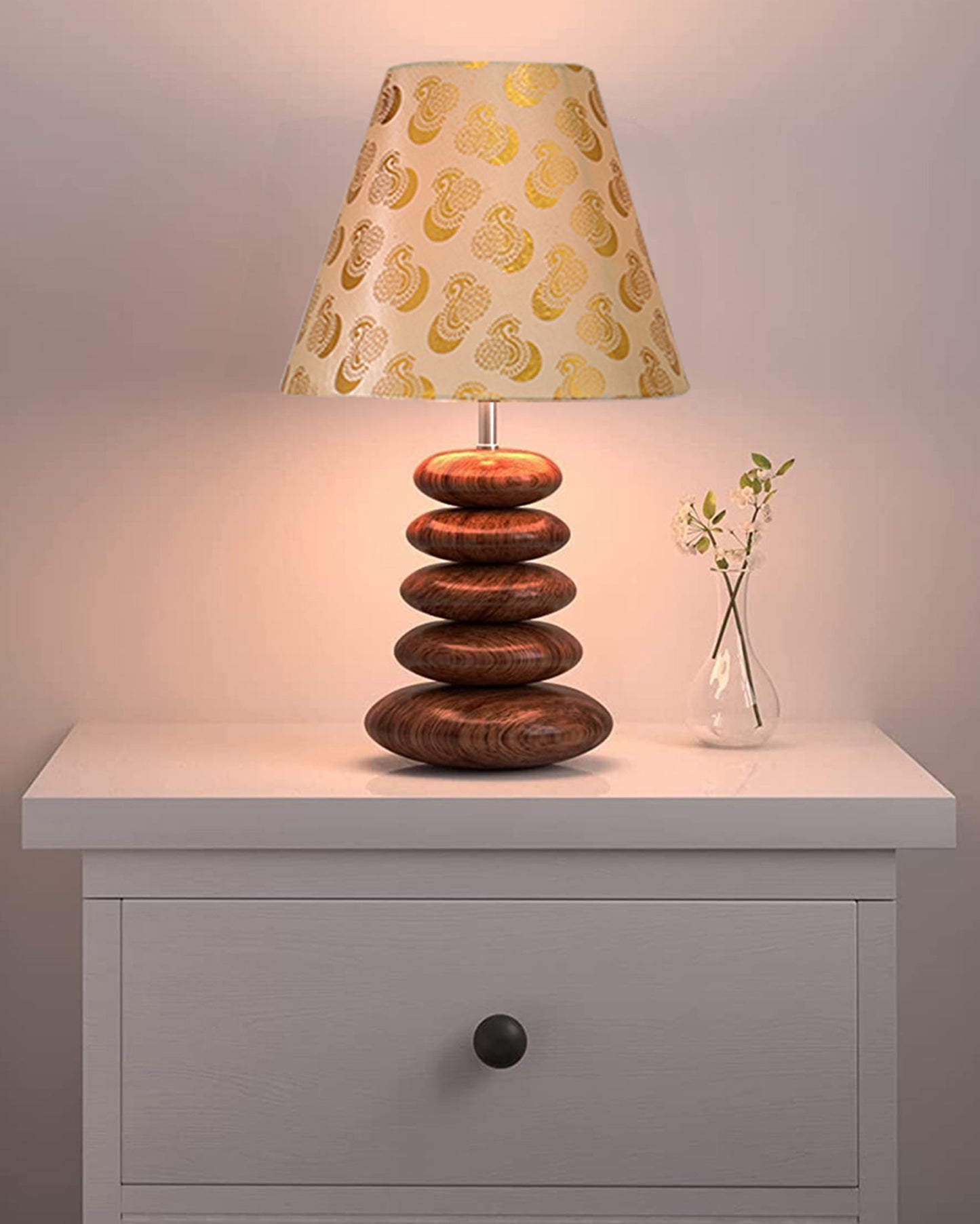 Wood Table Lamp French Country Rustic Bedside Desk Nightstand Lamp for Bedroom Living Room Office LED Bulb Included, Walnut Multi-Pebble
