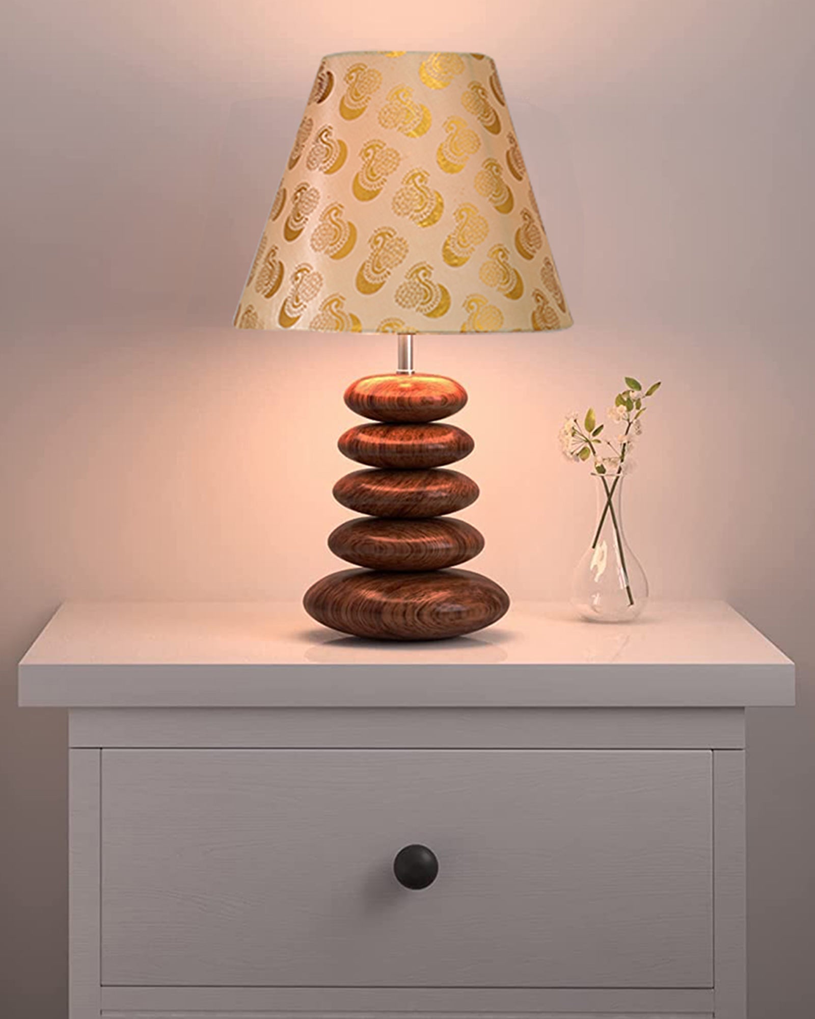 Wood Table Lamp French Country Rustic Bedside Desk Nightstand Lamp for Bedroom Living Room Office LED Bulb Included, Walnut Multi-Pebble