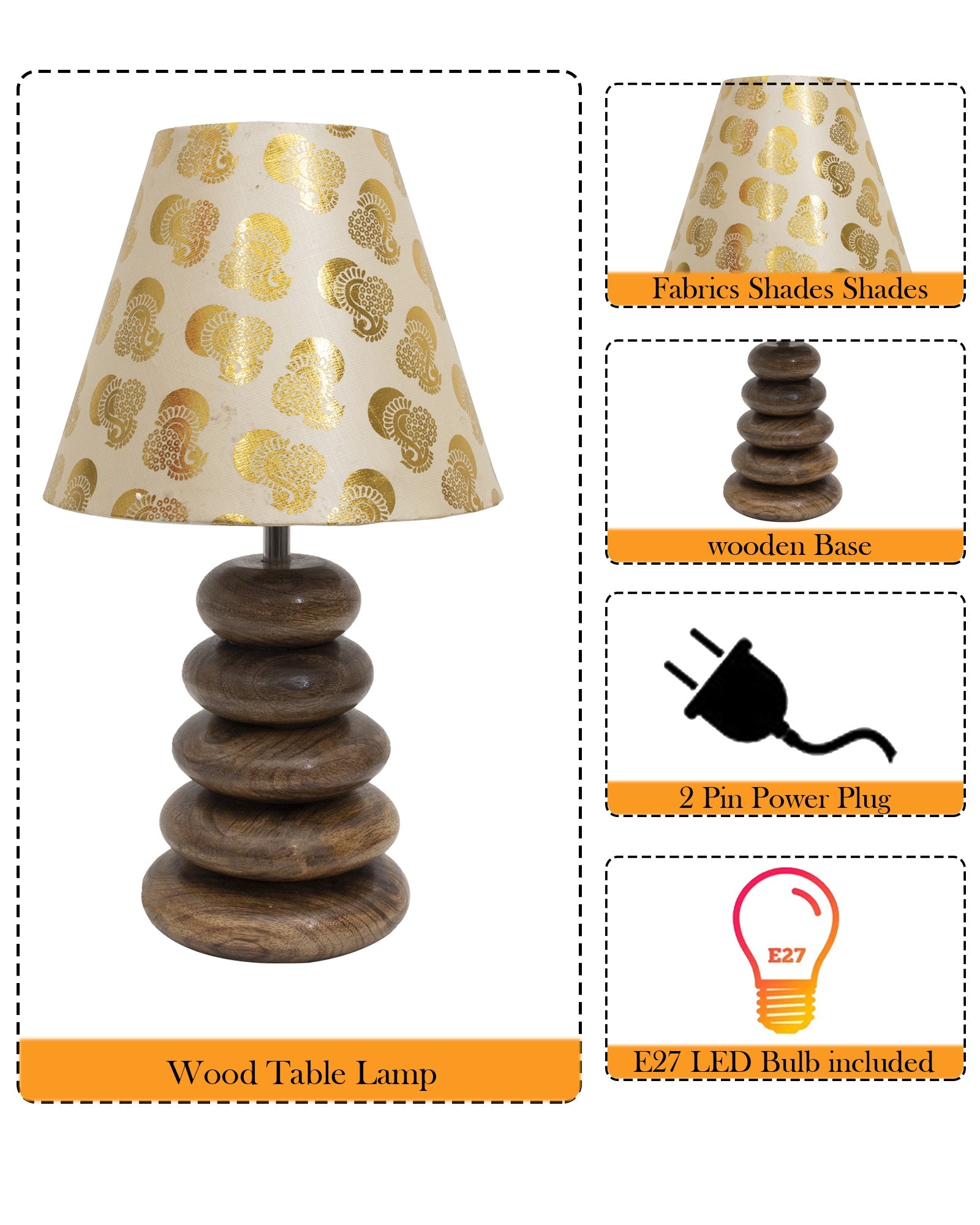 Wood Table Lamp French Country Rustic Bedside Desk Nightstand Lamp for Bedroom Living Room Office LED Bulb Included, Walnut Multi-Pebble