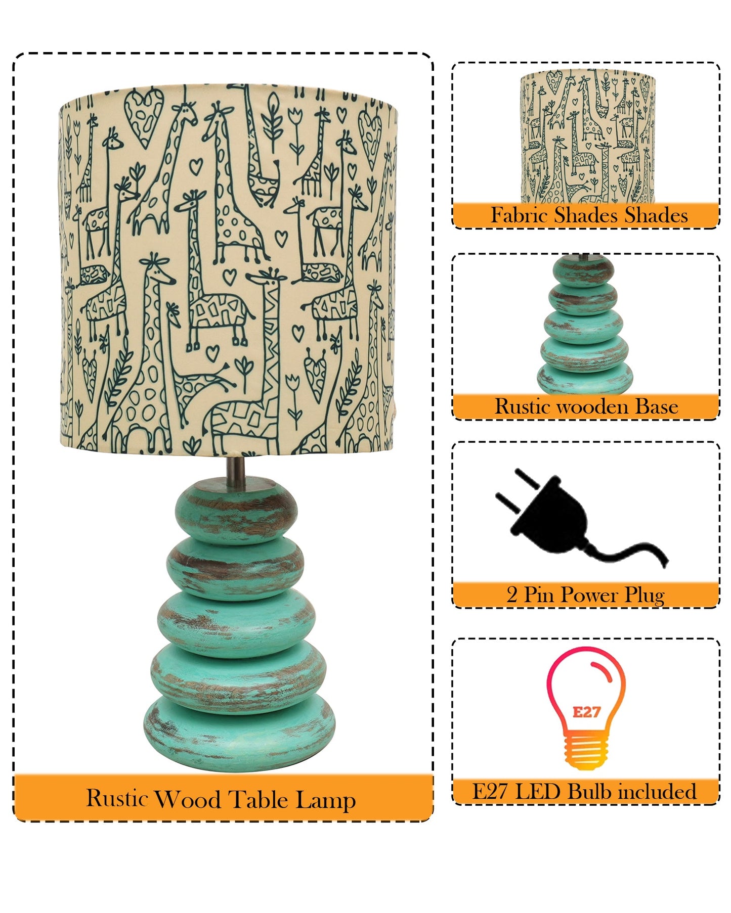 Wood Table Lamp French Country Rustic Bedside Desk Nightstand Lamp for Bedroom Living Room Office LED Bulb Included,Algae Multi-Pebble