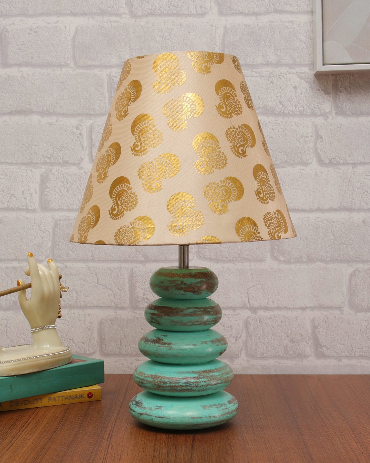 Wood Table Lamp French Country Rustic Bedside Desk Nightstand Lamp for Bedroom Living Room Office LED Bulb Included,Algae Multi-Pebble