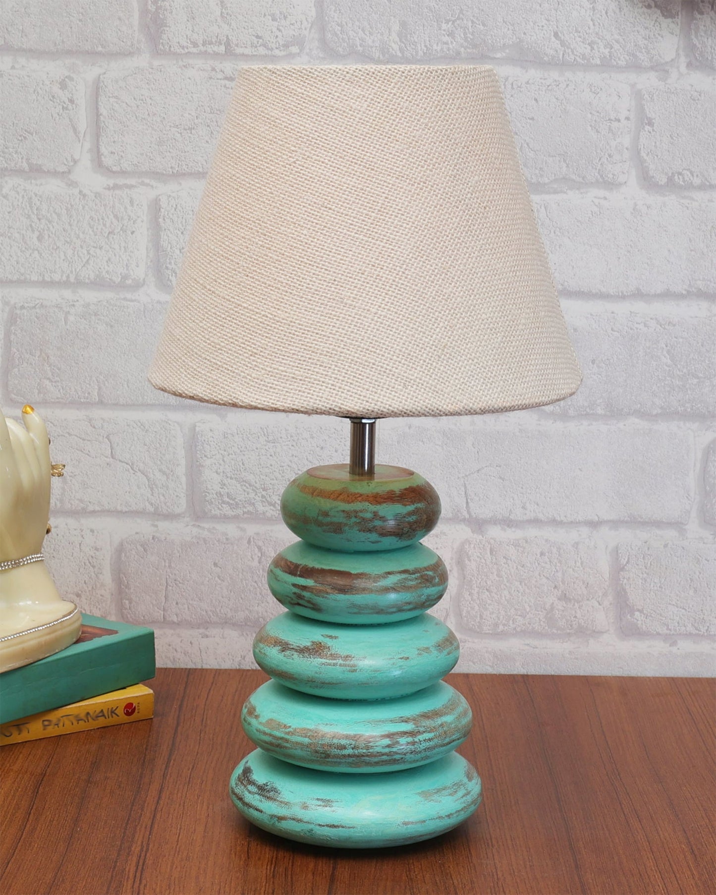 Wood Table Lamp French Country Rustic Bedside Desk Nightstand Lamp for Bedroom Living Room Office LED Bulb Included,Algae Multi-Pebble
