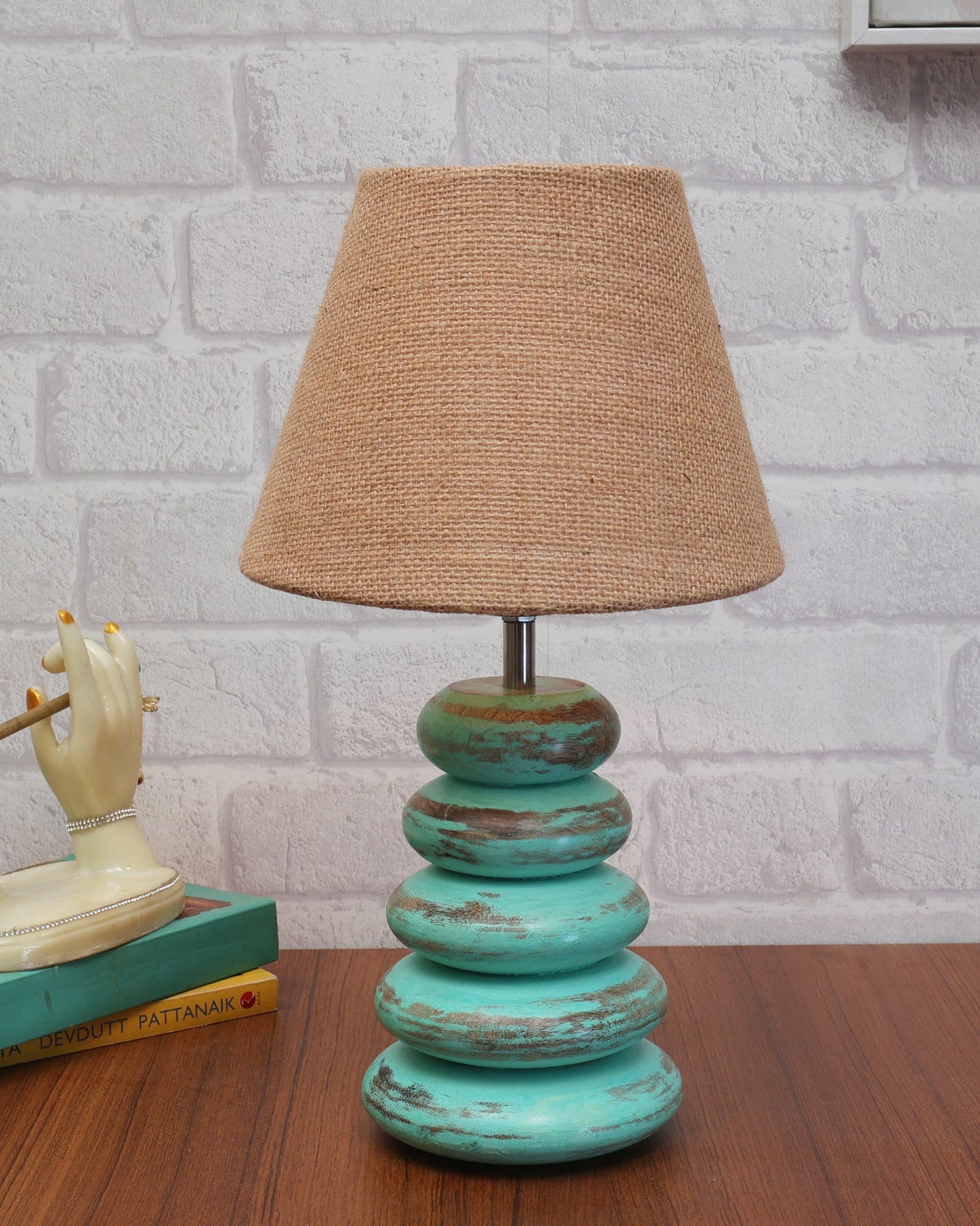Wood Table Lamp French Country Rustic Bedside Desk Nightstand Lamp for Bedroom Living Room Office LED Bulb Included,Algae Multi-Pebble