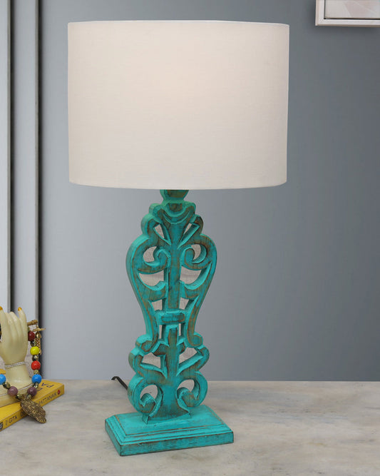 Sculptural Hand Carved Wood Table Lamp with Oval White shade, Mint Green