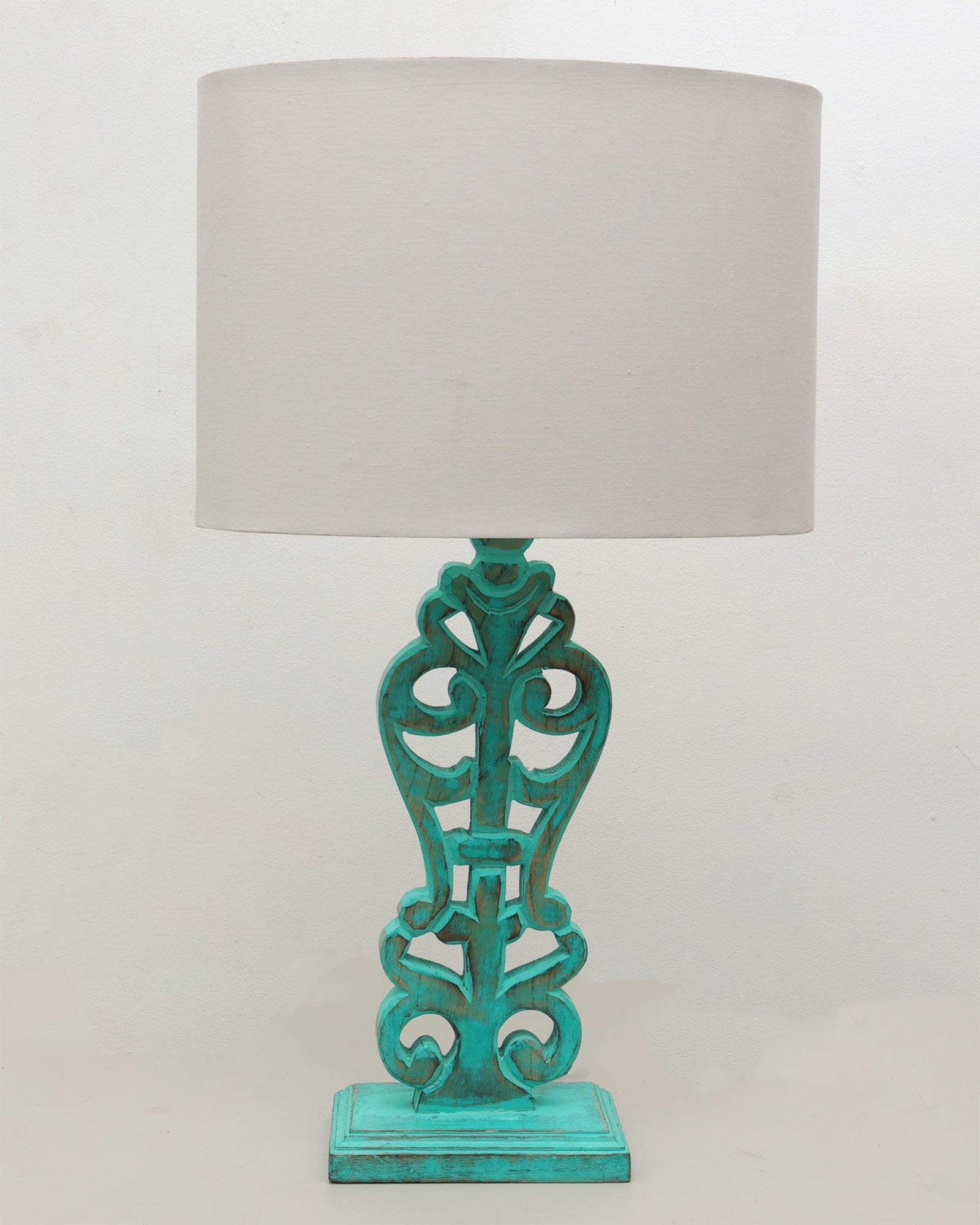 Sculptural Hand Carved Wood Table Lamp with Oval White shade, Mint Green