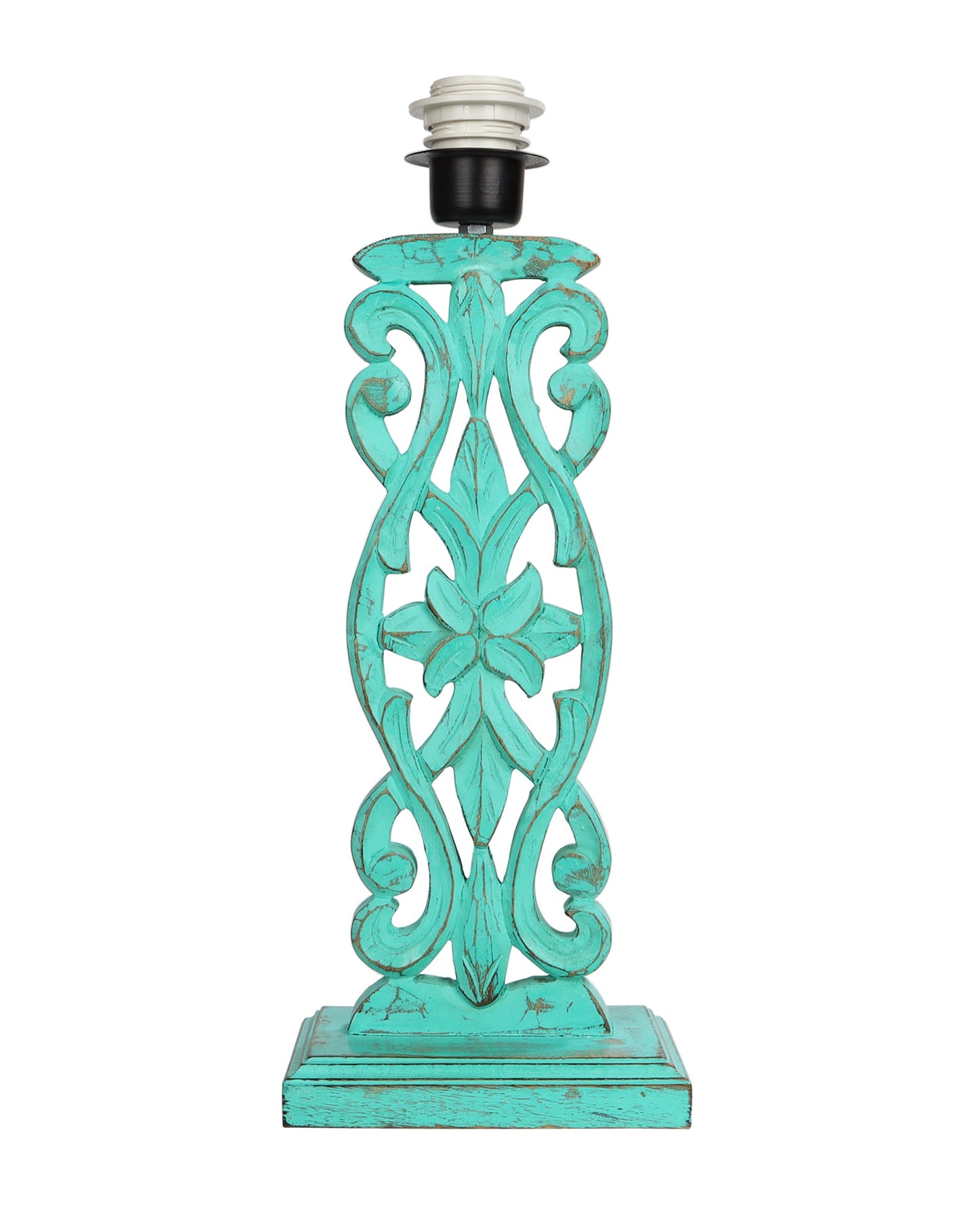 Sculptural Hand Carved Wood Table Lamp with Oval White shade, Mint Green
