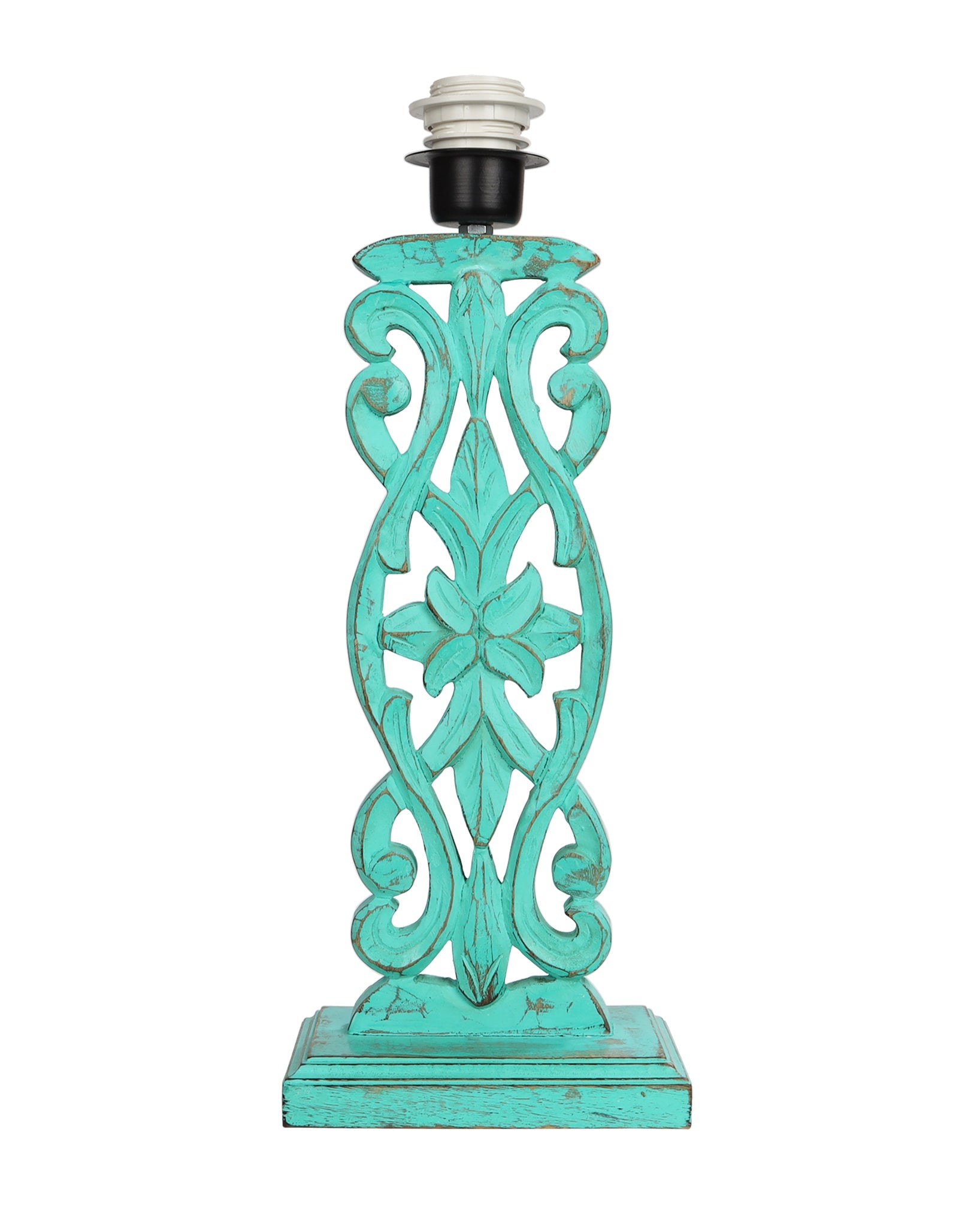 Sculptural Hand Carved Wood Table Lamp with Oval White shade, Mint Green