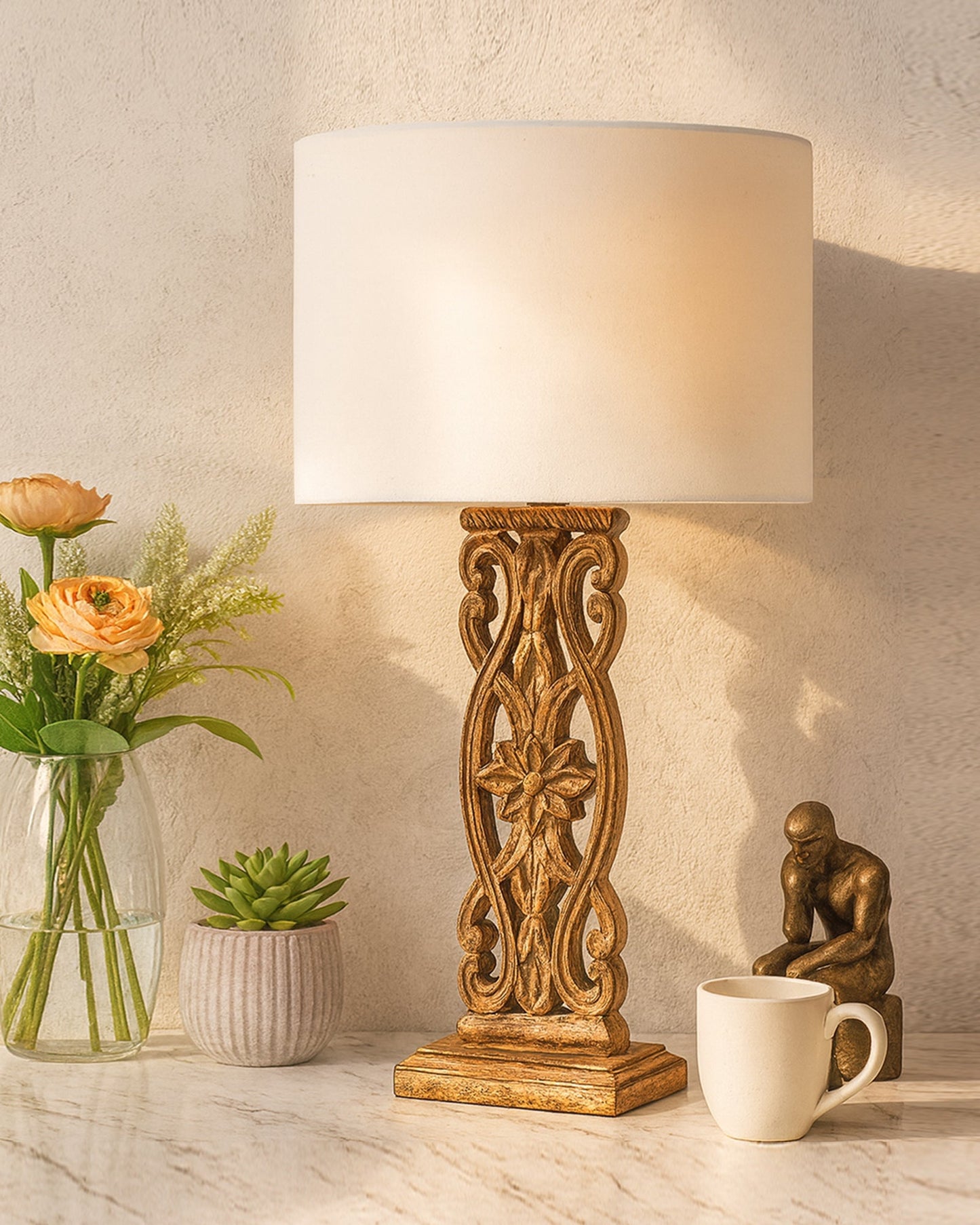 Sculptural Hand Carved Wood Table Lamp with Oval White shade, Antique Black