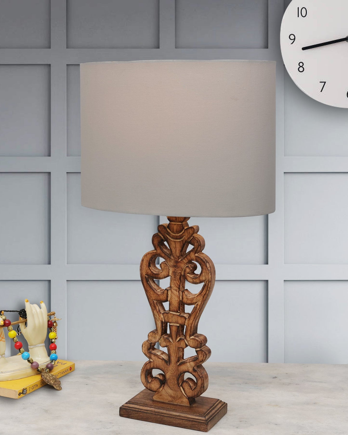 Sculptural Hand Carved Wood Table Lamp with Oval White shade, Antique Black