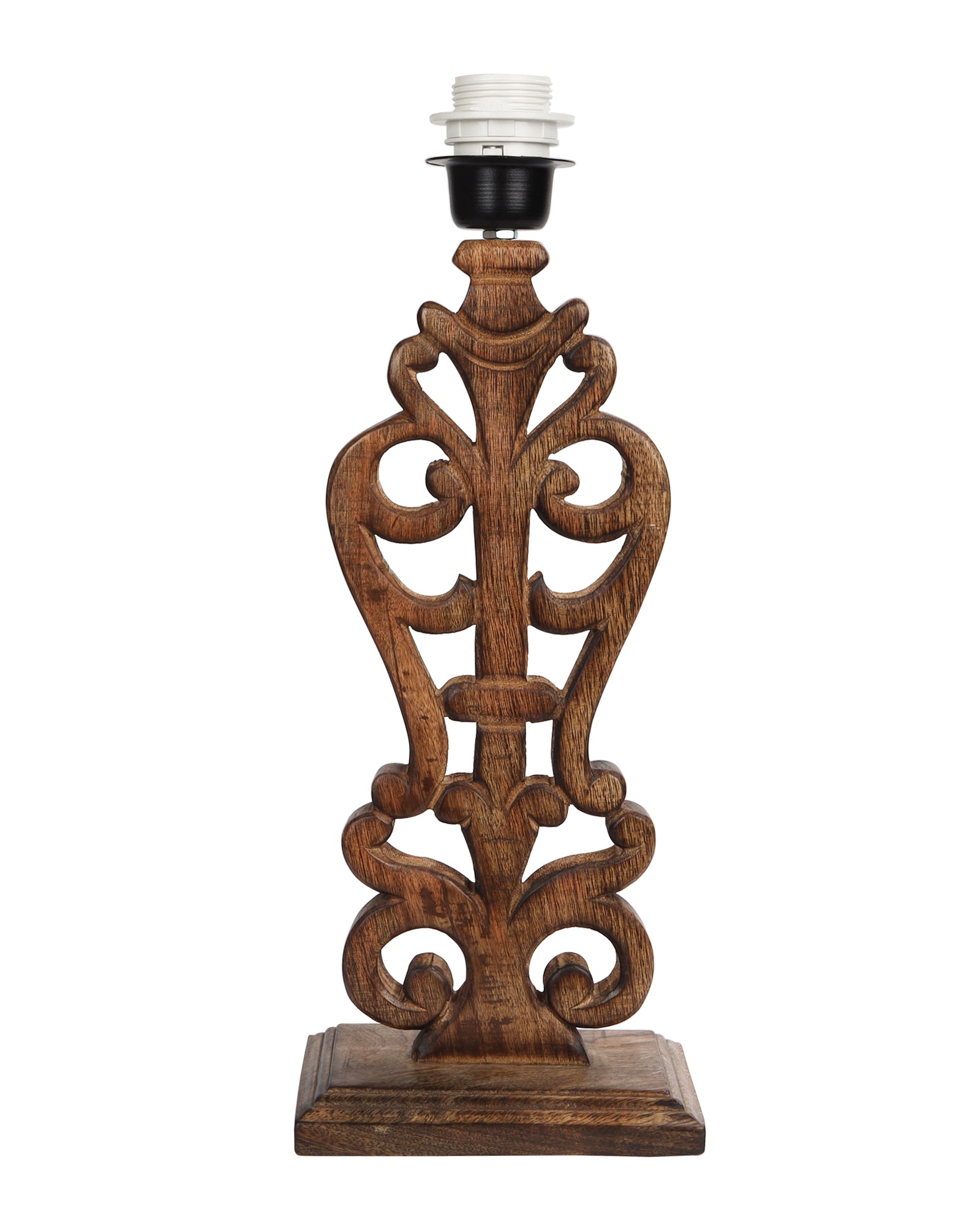 Sculptural Hand Carved Wood Table Lamp with Oval White shade, Antique Black