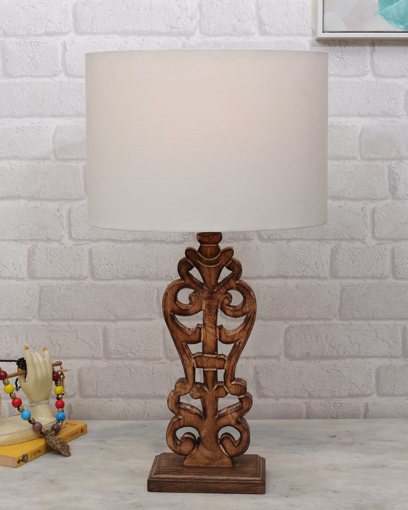 Sculptural Hand Carved Wood Table Lamp with Oval White shade, Antique Black