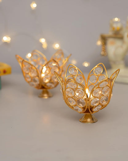 Lotus Shape Crystal Akhand Diya Jyothi Oil Deepam Brass for Puja Home Decor
