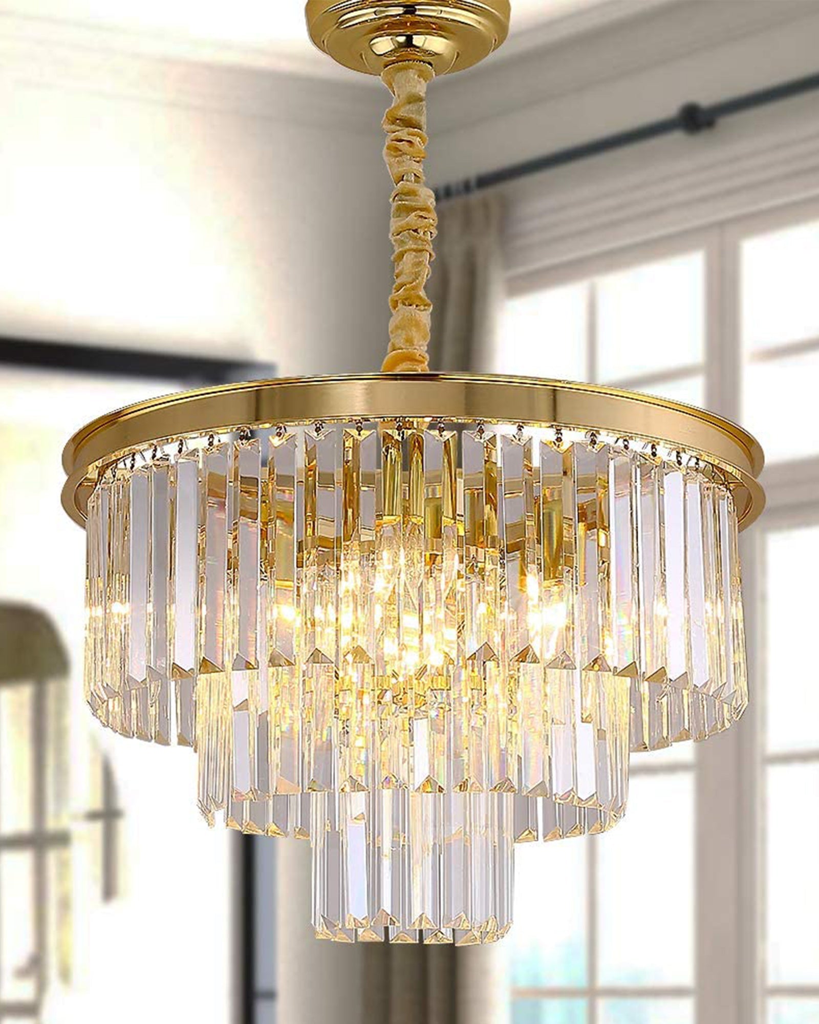 Modern Gold Crystal Chandelier 5 Lights 15.7 in Ceiling Pendant Light Fixtuers Round 3 Tiers Chandelier