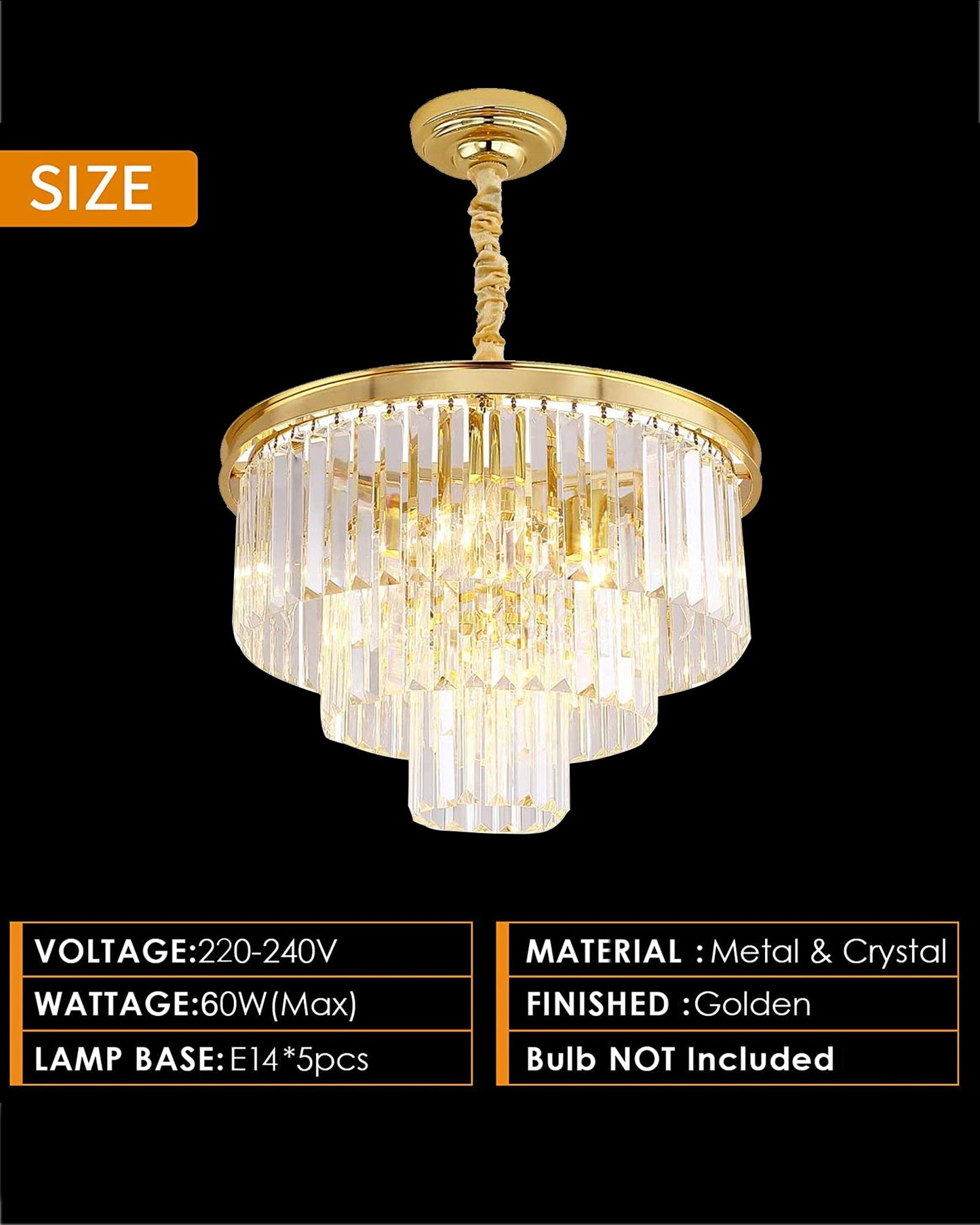 Modern Gold Crystal Chandelier 5 Lights 15.7 in Ceiling Pendant Light Fixtuers Round 3 Tiers Chandelier
