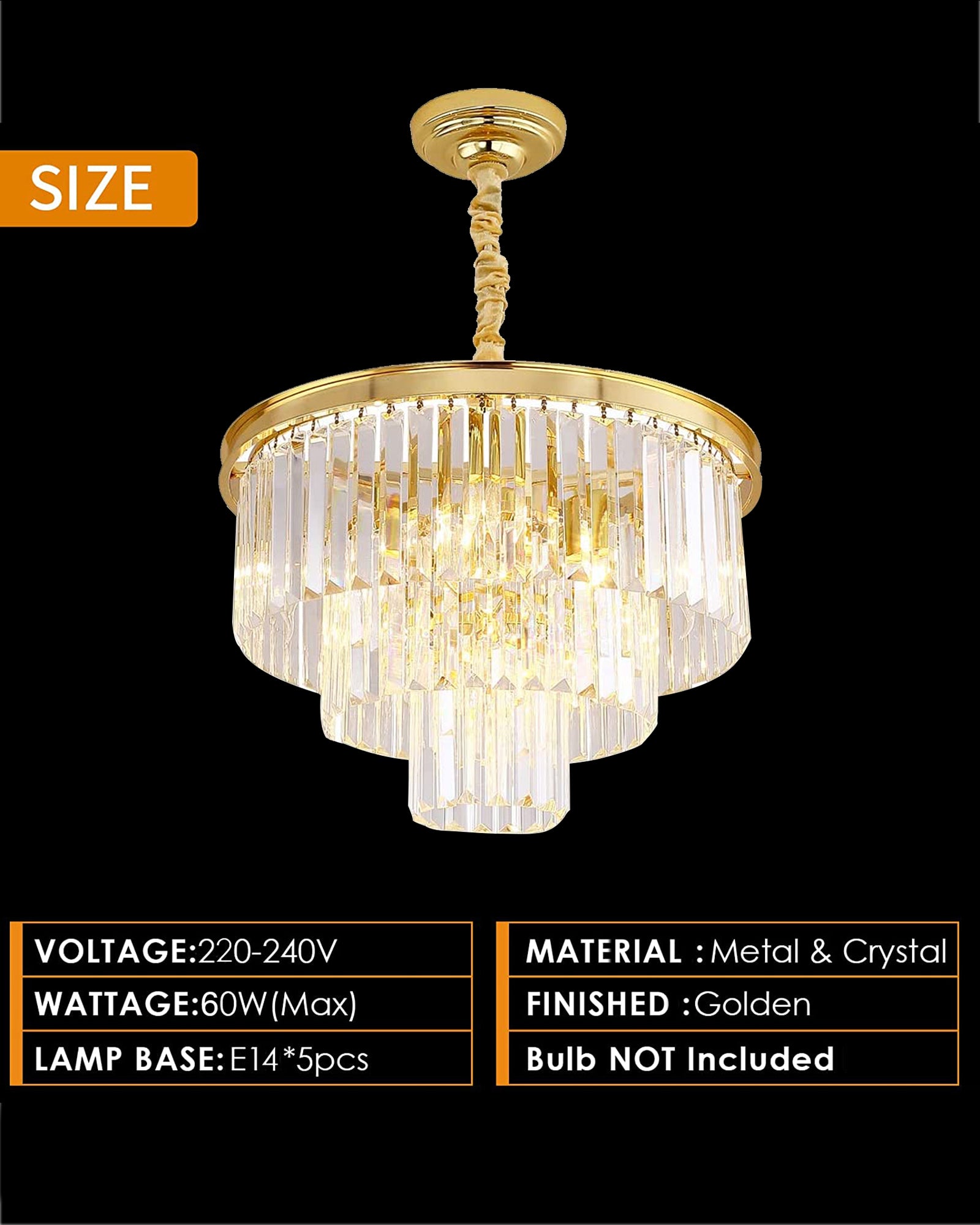 Modern Gold Crystal Chandelier 5 Lights 15.7 in Ceiling Pendant Light Fixtuers Round 3 Tiers Chandelier