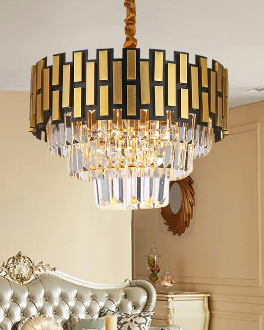 Modern Black Gold Crystal Chandelier 5 Lights 15.7 in Ceiling Pendant Light Fixtuers Round 3 Tiers Chandelier