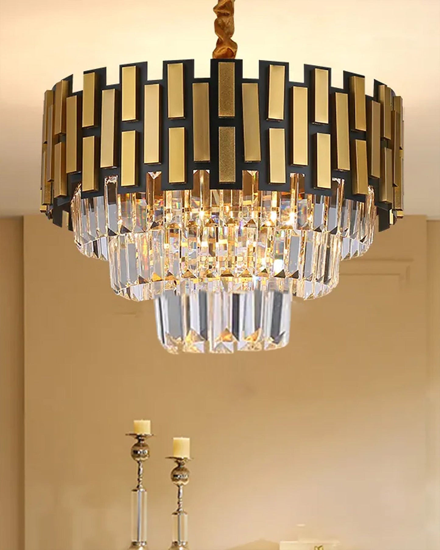 Modern Black Gold Crystal Chandelier 5 Lights 15.7 in Ceiling Pendant Light Fixtuers Round 3 Tiers Chandelier