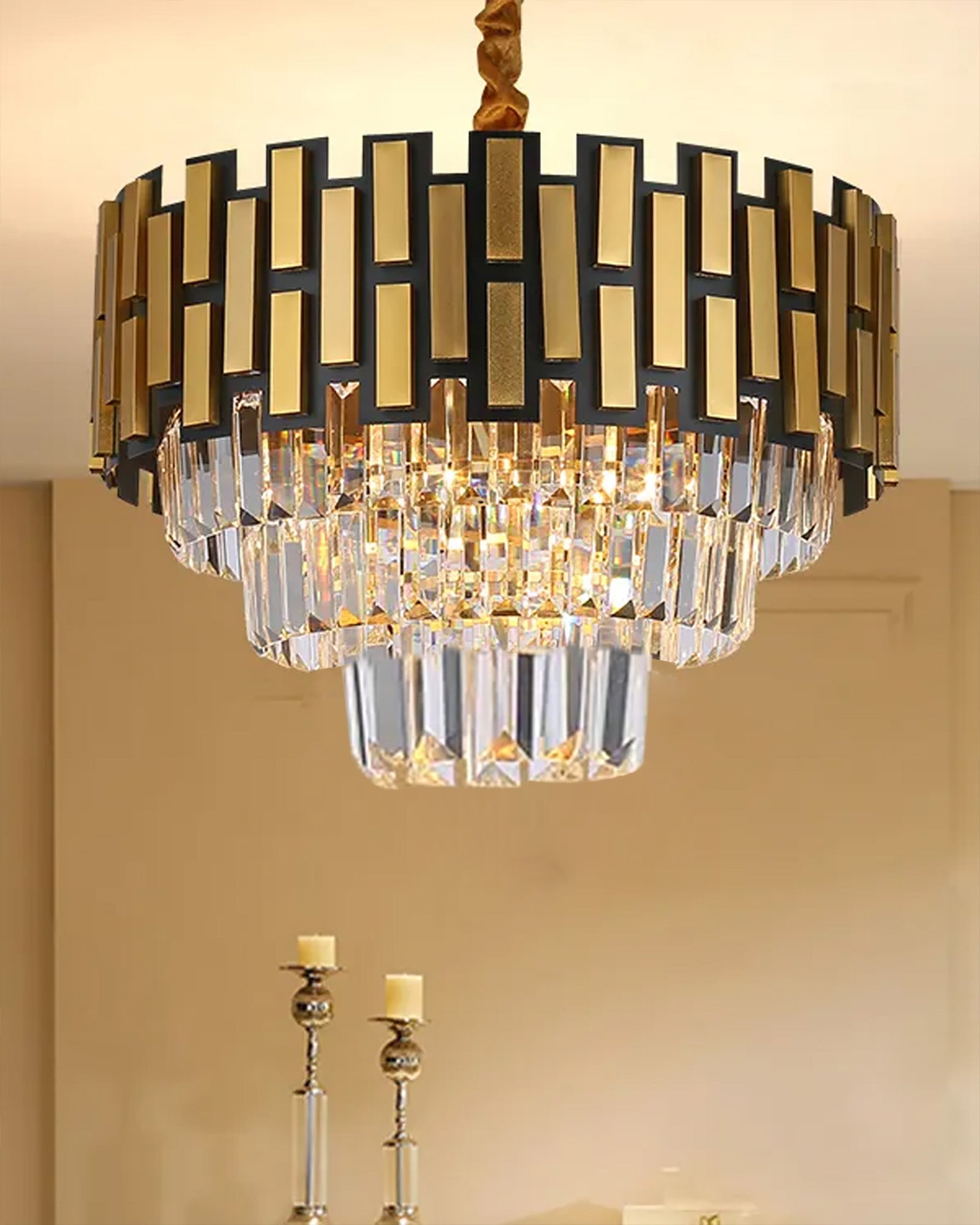 Modern Black Gold Crystal Chandelier 5 Lights 15.7 in Ceiling Pendant Light Fixtuers Round 3 Tiers Chandelier