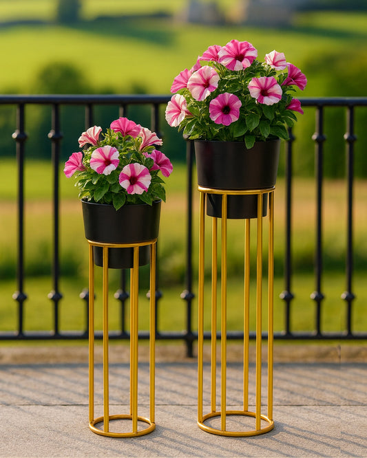 Metal Planters Outdoor & Indoor, Metal Farmhouse Decor for Garden, Patio, Porch & Balcony, Pots with Stand, Front Door Decorative set of 2, Black Round Base