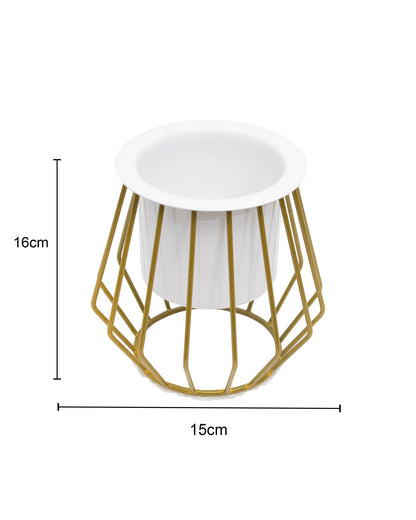 Combo of 2 Table Top Designer Metallic Gold Metal Stand with Planters, Small White Metal Pots for Livingroom, Balcony & Home Decoration, set of 2