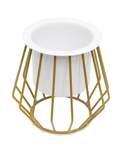 Combo of 2 Table Top Designer Metallic Gold Metal Stand with Planters, Small White Metal Pots for Livingroom, Balcony & Home Decoration, set of 2