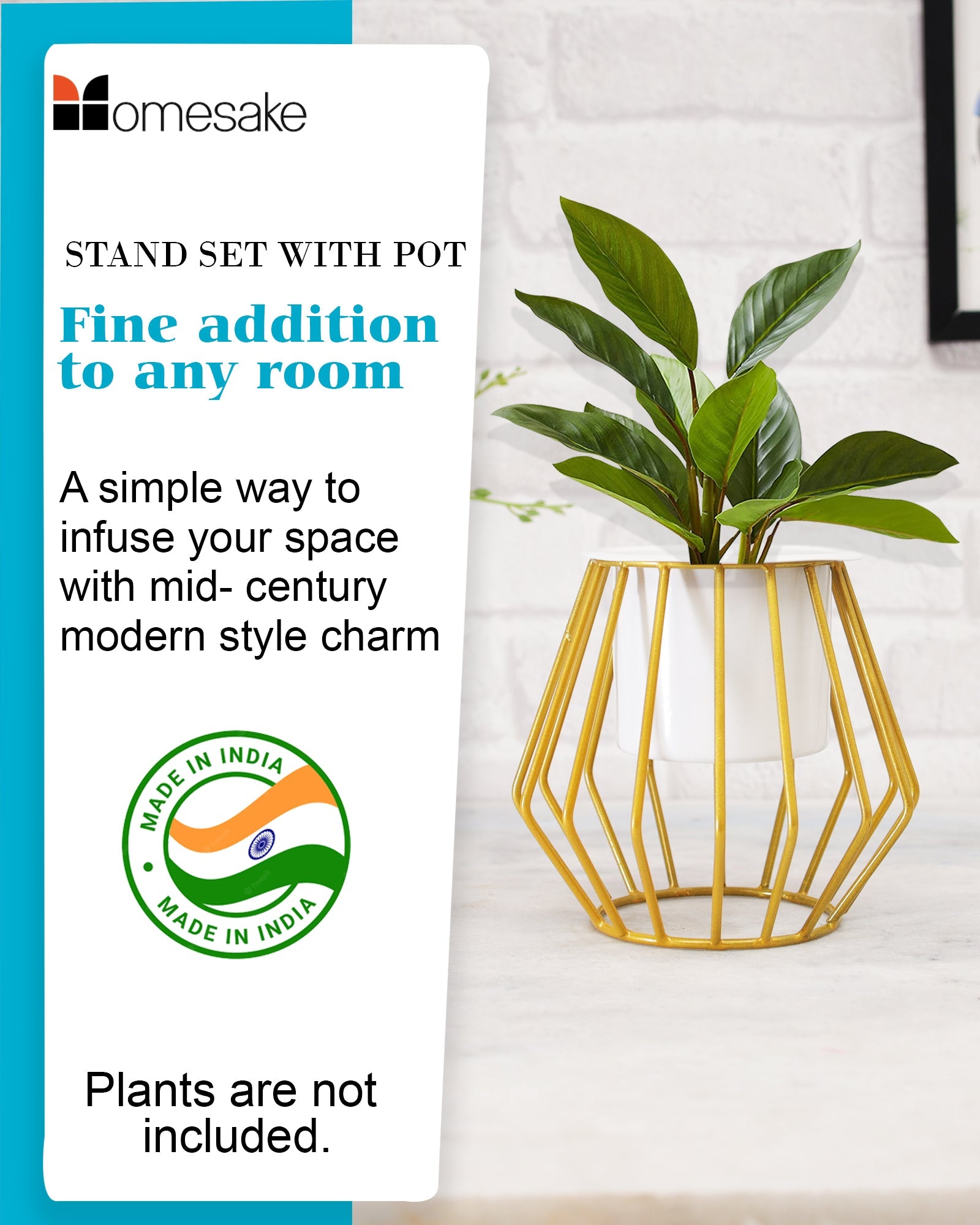 Combo of 2 Table Top Designer Metallic Gold Metal Stand with Planters, Small White Metal Pots for Livingroom, Balcony & Home Decoration, set of 2