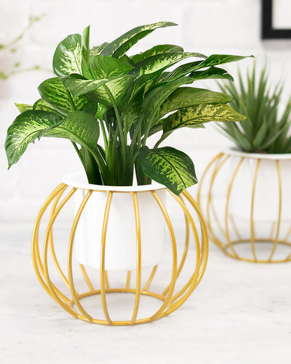 Combo of 2 Table Top Designer Metallic Gold Metal Stand with Planters, Small White Metal Pots for Livingroom, Balcony & Home Decoration, set of 2