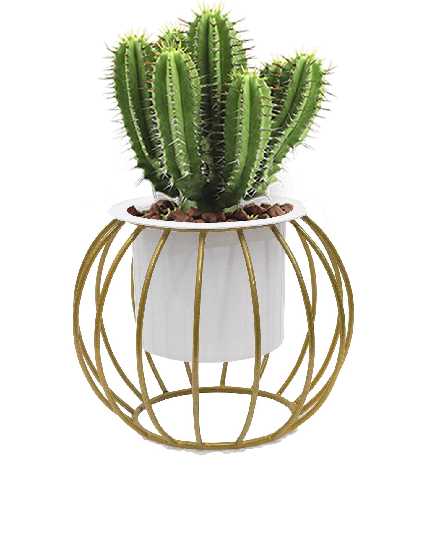 Combo of 2 Table Top Designer Metallic Gold Metal Stand with Planters, Small White Metal Pots for Livingroom, Balcony & Home Decoration, set of 2