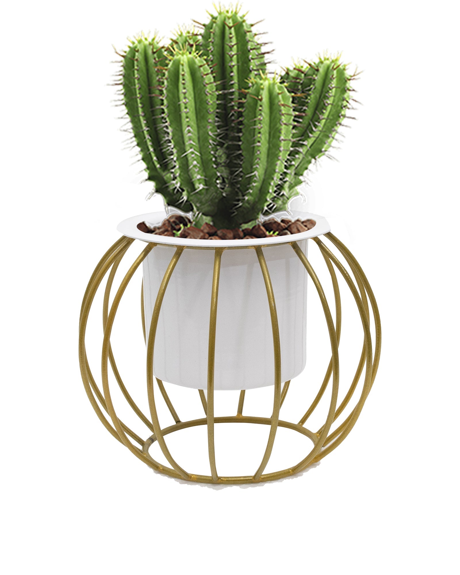 Combo of 2 Table Top Designer Metallic Gold Metal Stand with Planters, Small White Metal Pots for Livingroom, Balcony & Home Decoration, set of 2