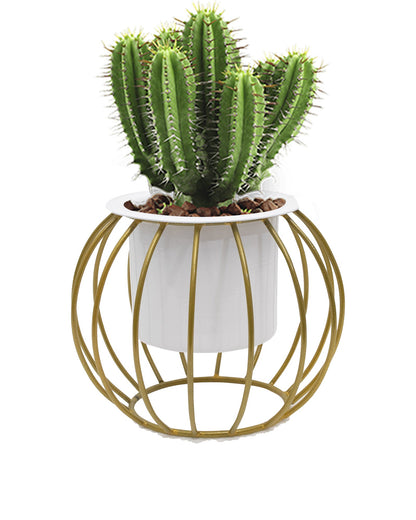Combo of 2 Table Top Designer Metallic Gold Metal Stand with Planters, Small White Metal Pots for Livingroom, Balcony & Home Decoration, set of 2