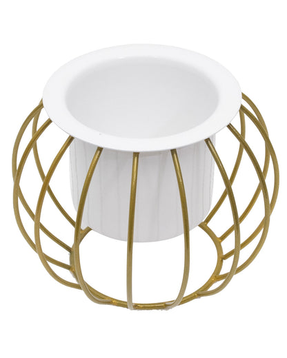 Combo of 2 Table Top Designer Metallic Gold Metal Stand with Planters, Small White Metal Pots for Livingroom, Balcony & Home Decoration, set of 2