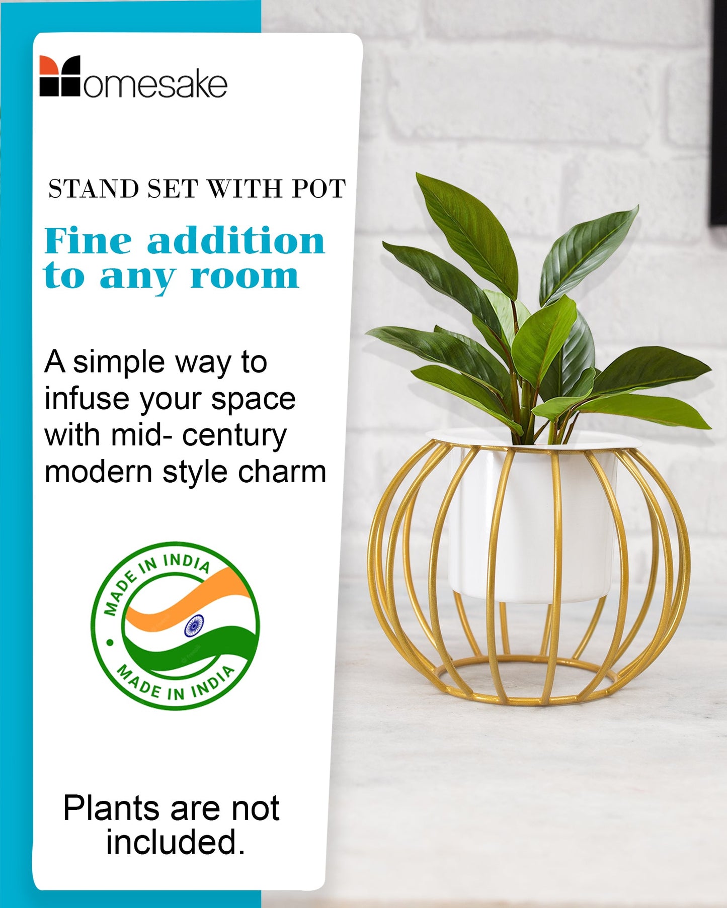 Combo of 2 Table Top Designer Metallic Gold Metal Stand with Planters, Small White Metal Pots for Livingroom, Balcony & Home Decoration, set of 2