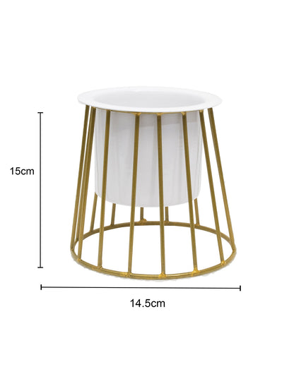 Combo of 2 Table Top Designer Metallic Gold Metal Stand with Planters, Small White Metal Pots for Livingroom, Balcony & Home Decoration, set of 2