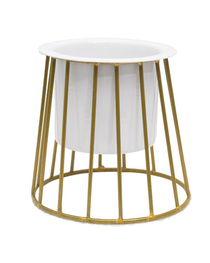 Combo of 2 Table Top Designer Metallic Gold Metal Stand with Planters, Small White Metal Pots for Livingroom, Balcony & Home Decoration, set of 2