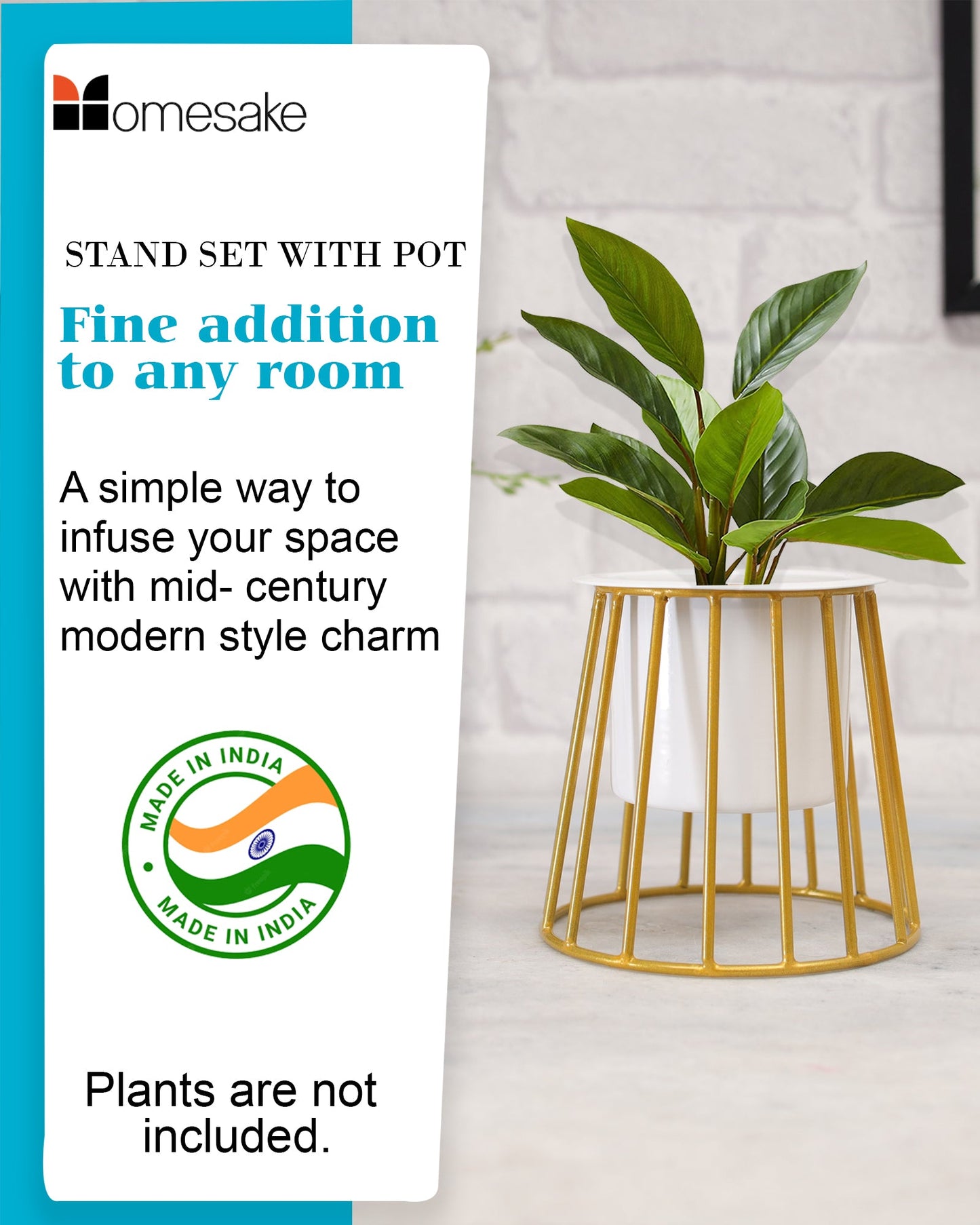 Combo of 2 Table Top Designer Metallic Gold Metal Stand with Planters, Small White Metal Pots for Livingroom, Balcony & Home Decoration, set of 2