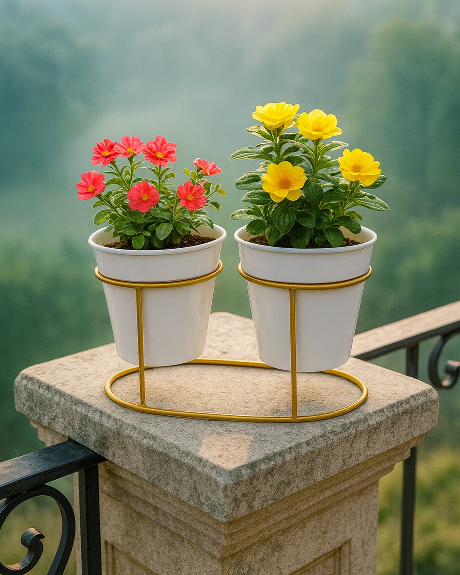 Combo of 2 Table Top Designer Metallic Gold Metal Stand with Planters, Small White Metal Pots for Livingroom, Balcony & Home Decoration, Twin Oval Planter