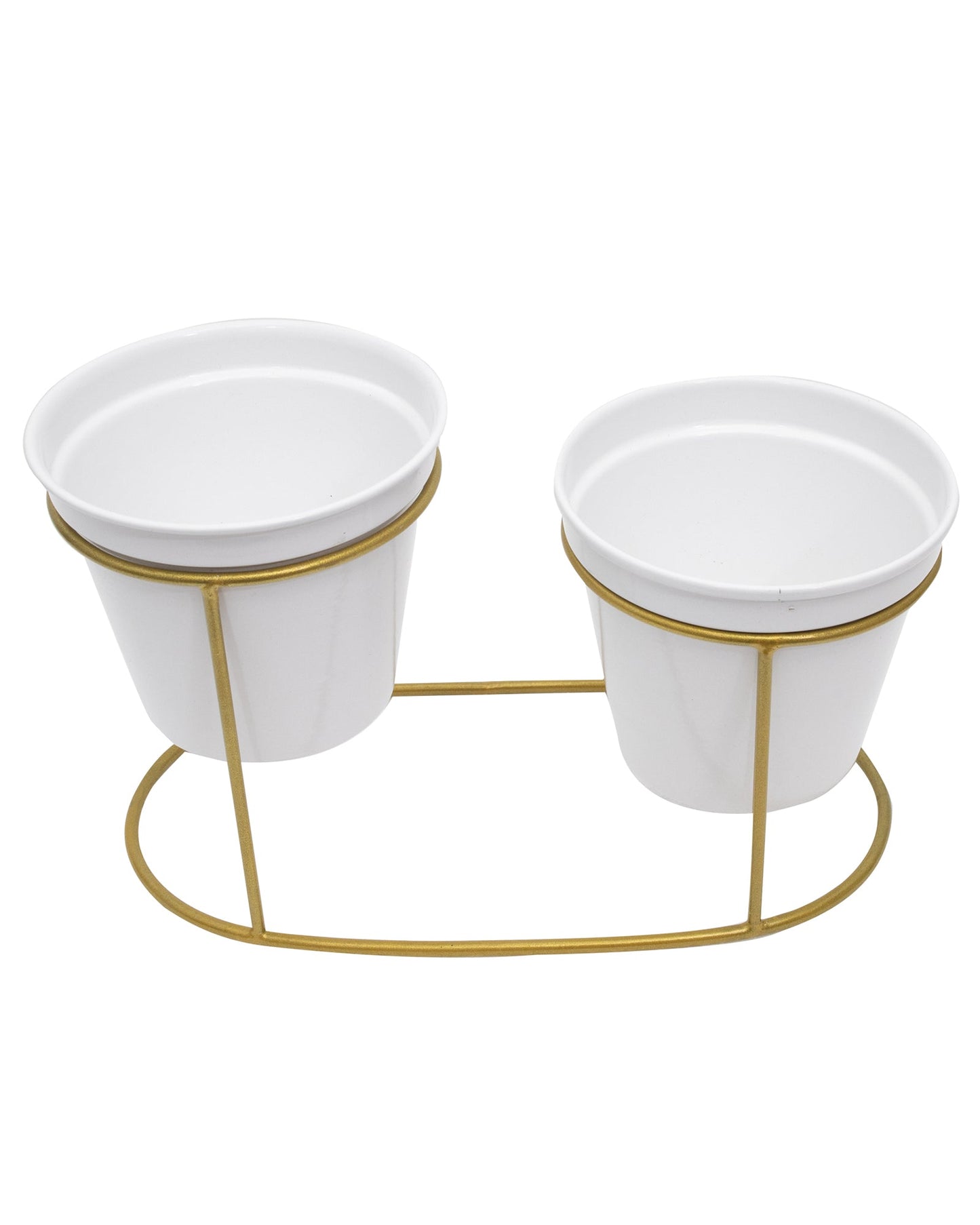 Combo of 2 Table Top Designer Metallic Gold Metal Stand with Planters, Small White Metal Pots for Livingroom, Balcony & Home Decoration, Twin Oval Planter